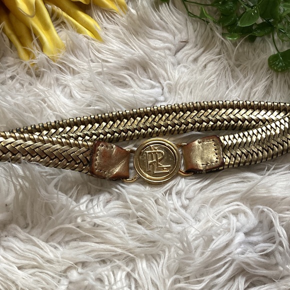 Ralph Lauren LAUREN LRL Gold Braided Leather Belt Gold Snap Lock Size M/L - Picture 3 of 4